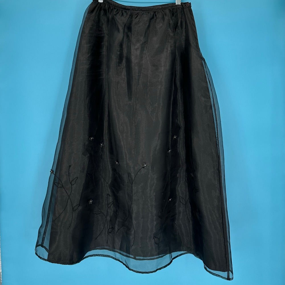 Structured Organza Black Sheer Floral Embroidered Maxi Skirt L‎